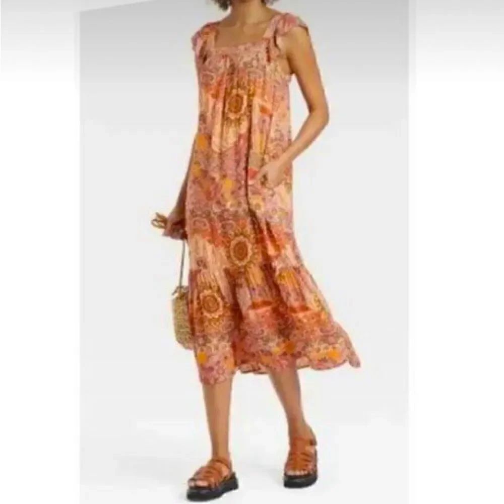 Knox Rose Orange Floral Print Ruffle Hem Summer Tank Peasant Dress